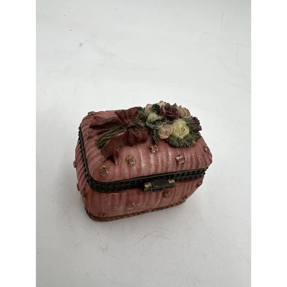 Pink Floral Decorative Trinket Box with Hinged Lid Collectible